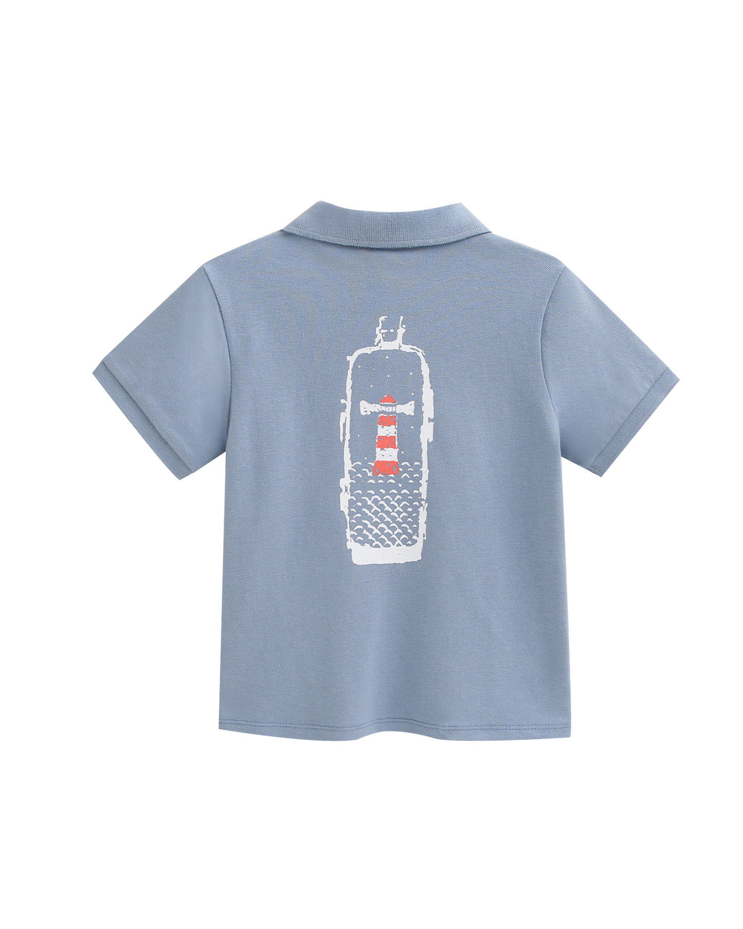 Jungen-Poloshirt blau mit Bootsaufdruck und Holzknöpfen
