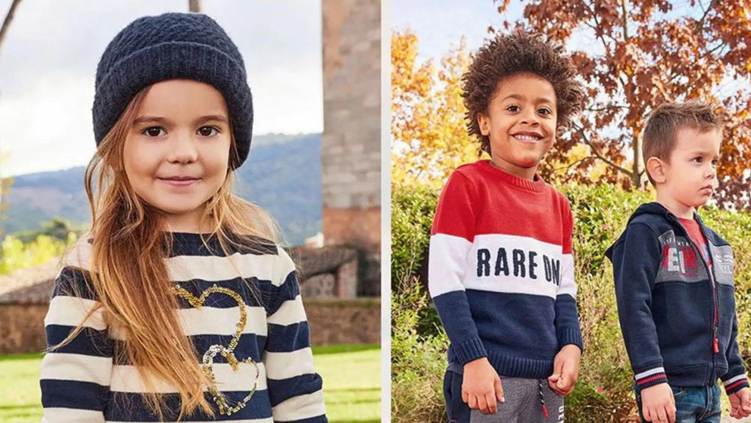 Drei Kinder in bequemer Freizeitkleidung der Marke Blue Seven, lächelnd im Freien, präsentiert im Mokkini Kindermode Online-Shop