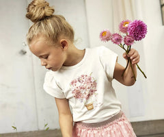 Mädchen in einem verspielten Outfit der Marke Minymo, hält Blumen in der Hand, präsentiert im Mokkini Kindermode Online-Shop