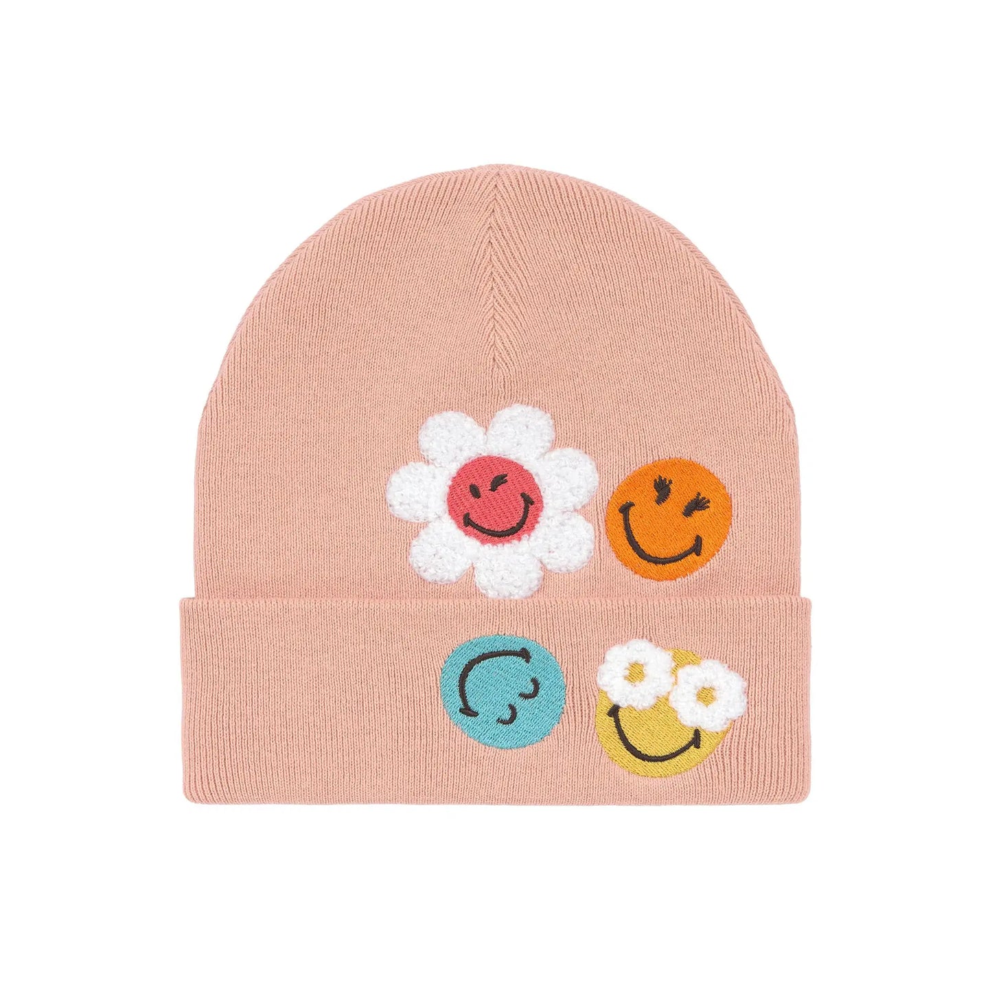 LÄSSIG Beanie Mütze Rosa mit Smileys & Blumen