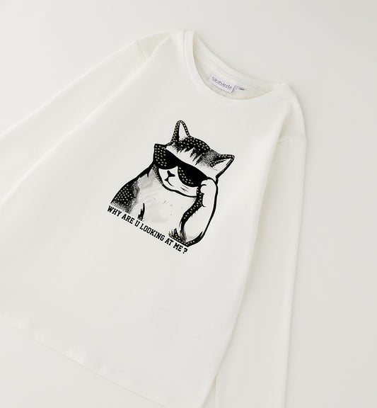 Sarabanda Mädchen Langarmshirt Off White mit Katzen-Print