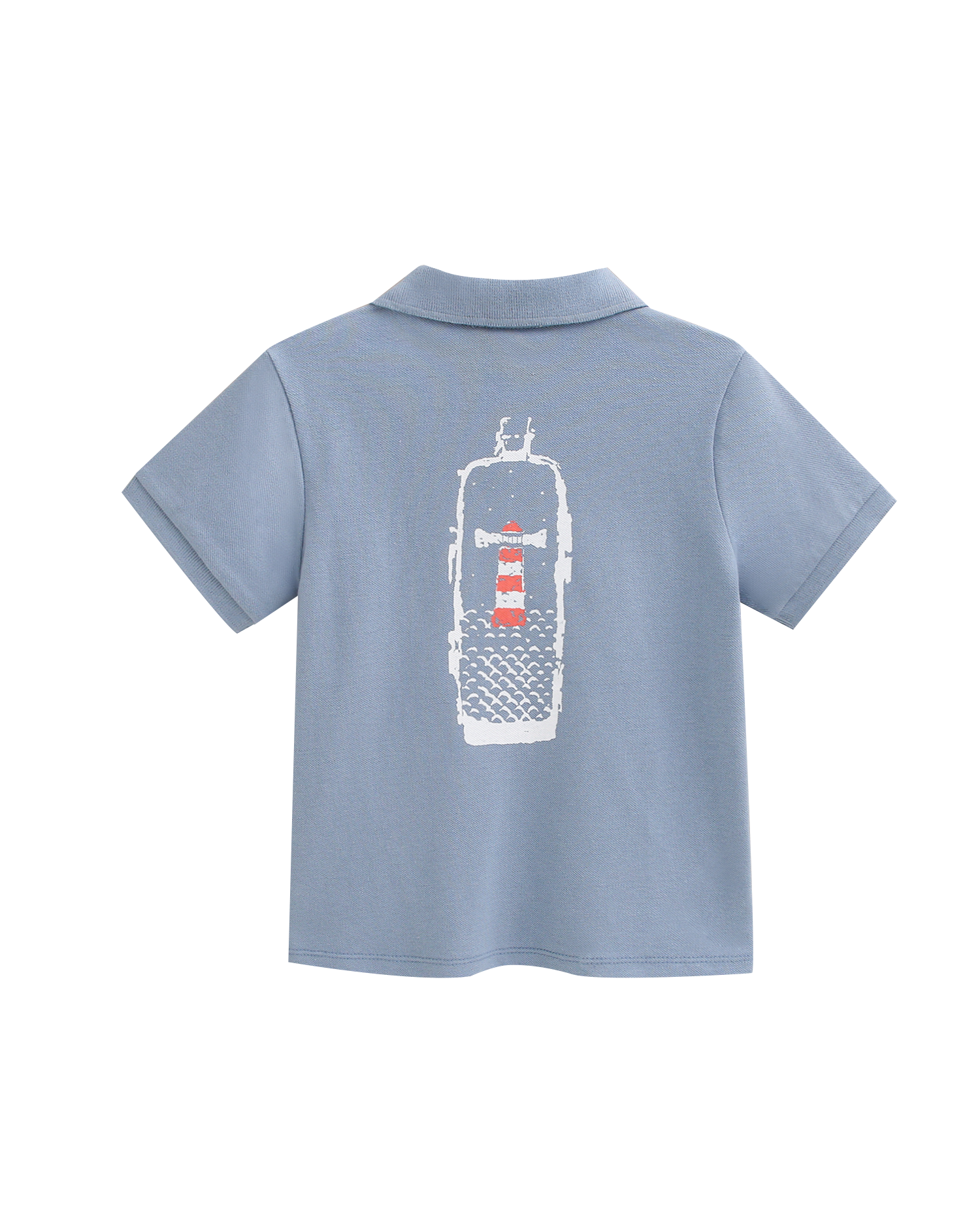 Jungen-Poloshirt blau mit Bootsaufdruck und Holzknöpfen