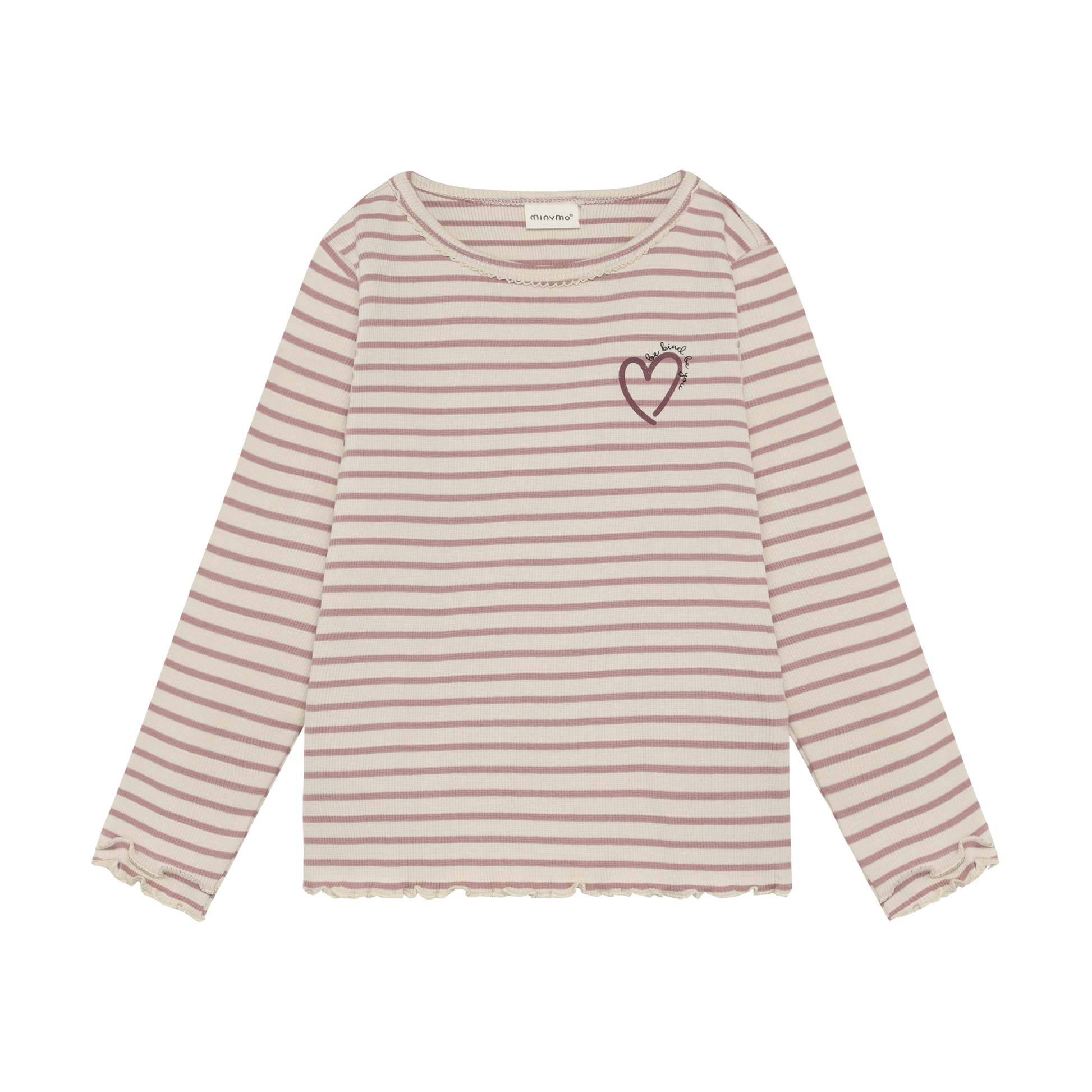 Minymo Mädchen Langarmshirt gerippt gestreift – Beige – Vorderansicht