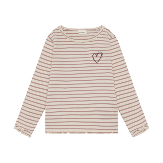 Minymo Mädchen Langarmshirt gerippt gestreift – Beige – Vorderansicht