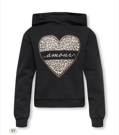 ONLY Mädchen Hoodie Schwarz mit Leoparden-Herz