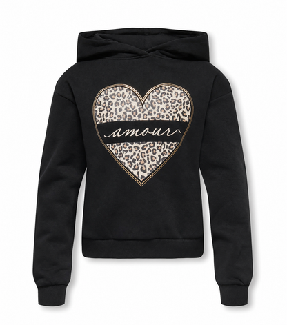 ONLY Mädchen Hoodie Schwarz mit Leoparden-Herz