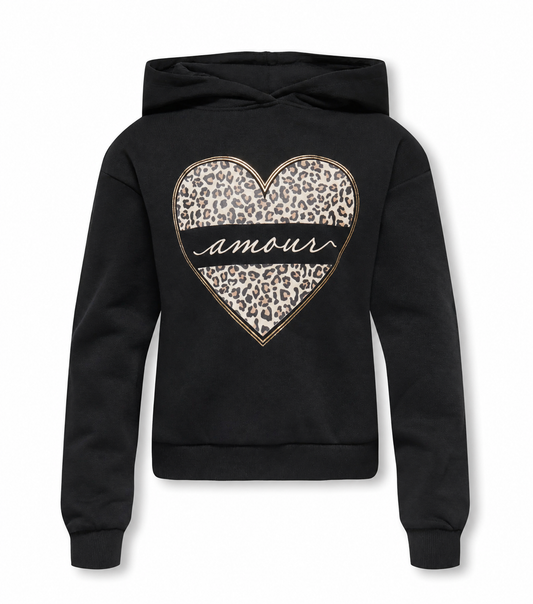 ONLY Mädchen Hoodie Schwarz mit Leoparden-Herz