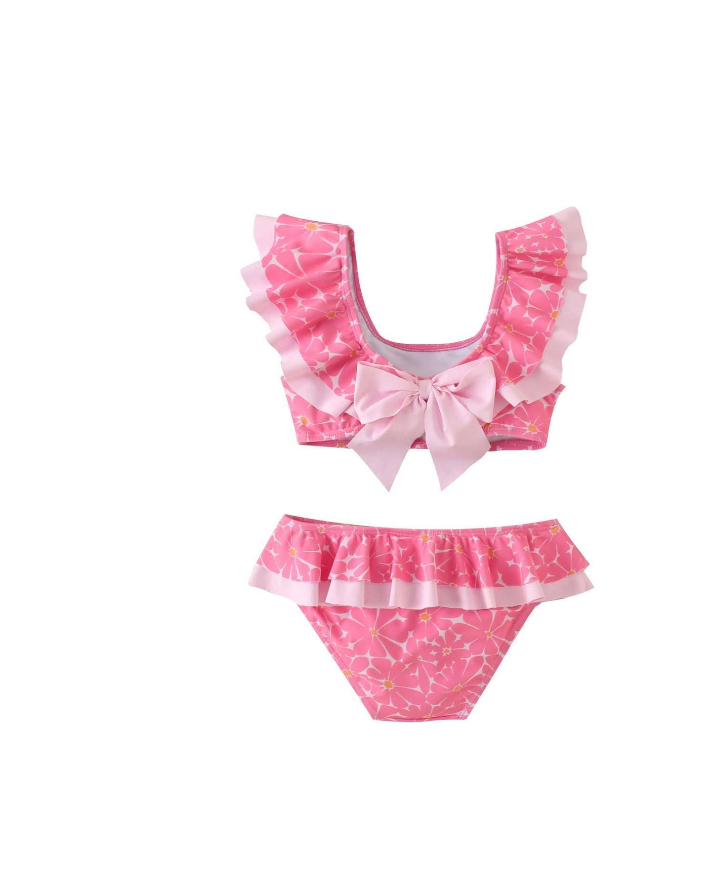 Mädchen-Bikini Rosa mit rundem Ausschnitt und Rüschen mit Schleife