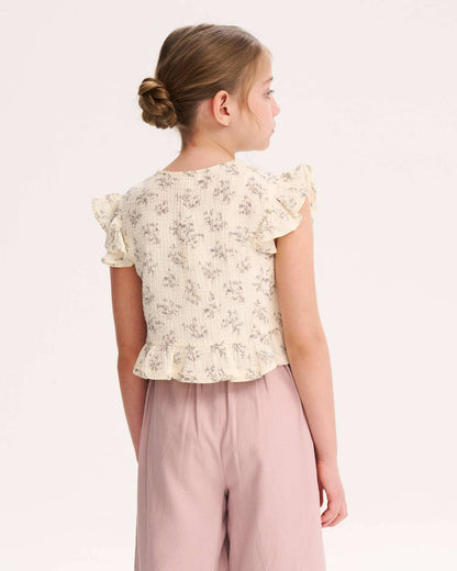 Mädchenbluse mit Blumen und Schleifen, malvenfarben, Rundhalsausschnitt und Rüschen