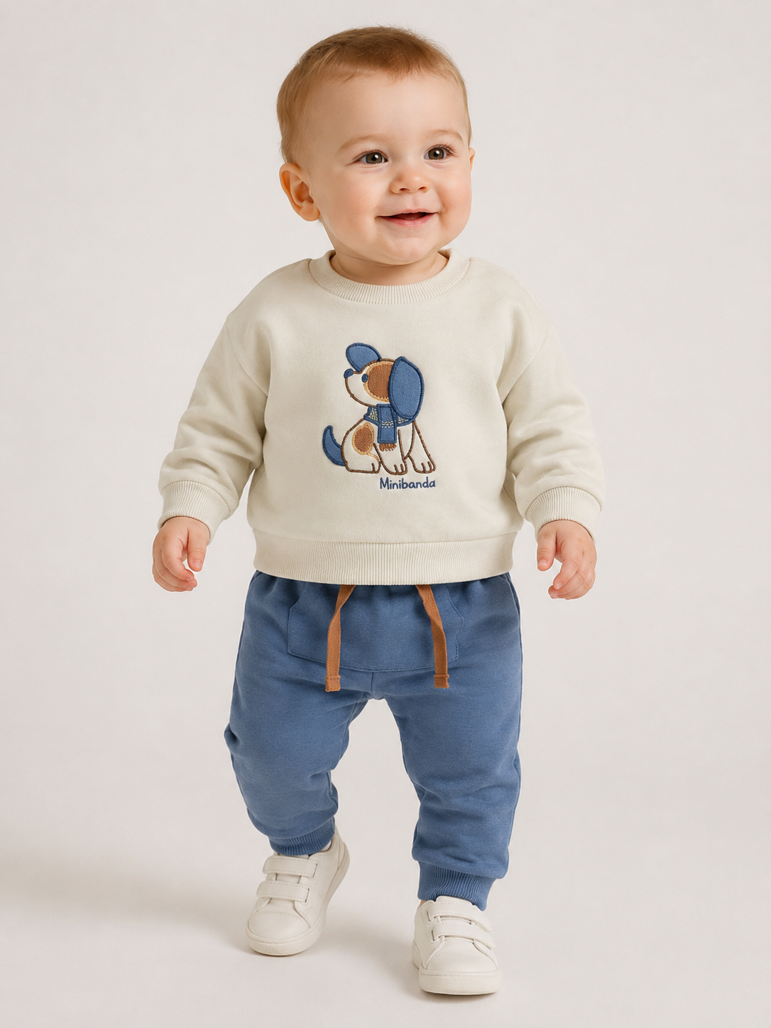 Minibanda Baby Jungen Jogginganzug Beige mit Hunde-Motiv