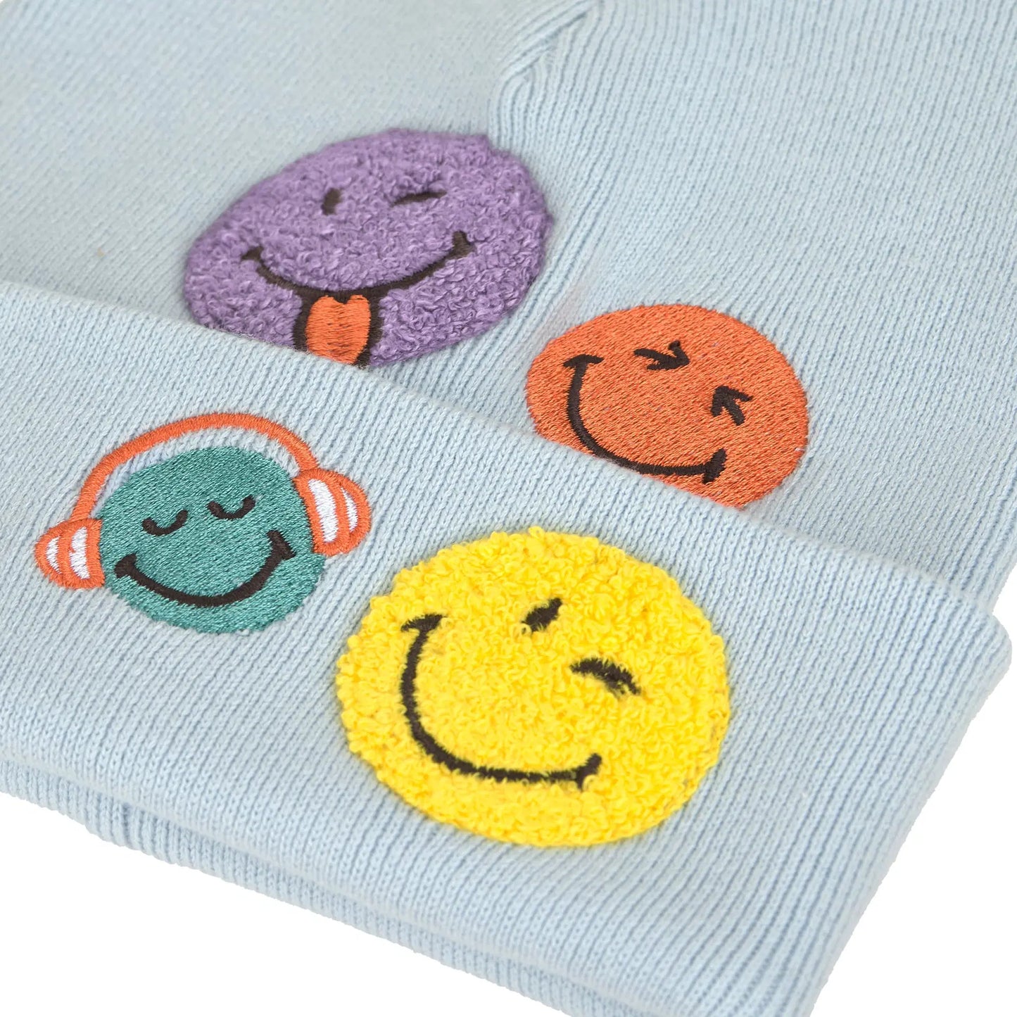 LÄSSIG Beanie Mütze hellblau mit Smileys