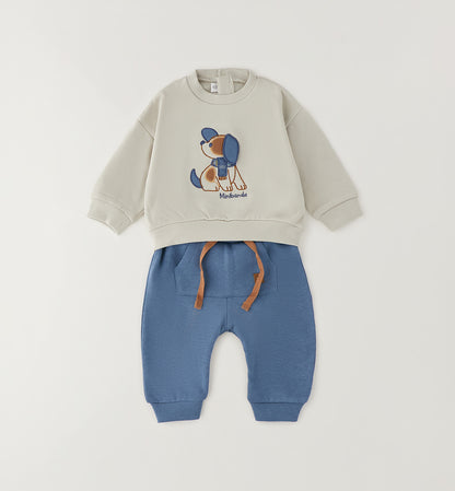 Minibanda Baby Jungen Jogginganzug Beige mit Hunde-Motiv