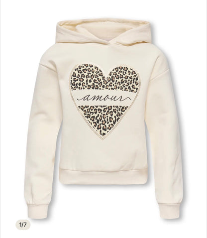 ONLY Mädchen Hoodie Creme mit Leoparden-Herz