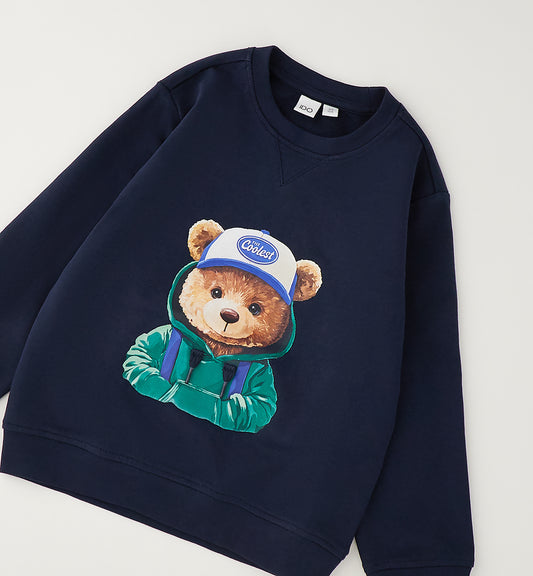 iDO Jungen Sweatshirt Marine mit großem Teddy-Print – Vorderansicht