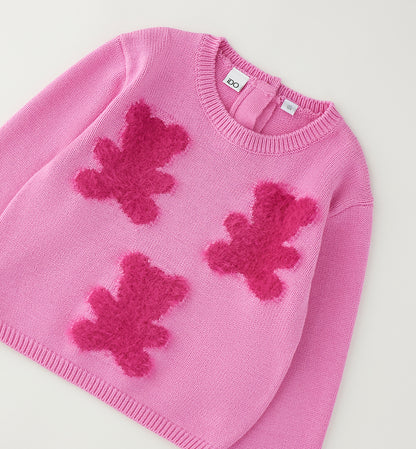 iDO Mädchen Strickpullover Rosa mit drei Teddy-Motiven – Vorderansicht