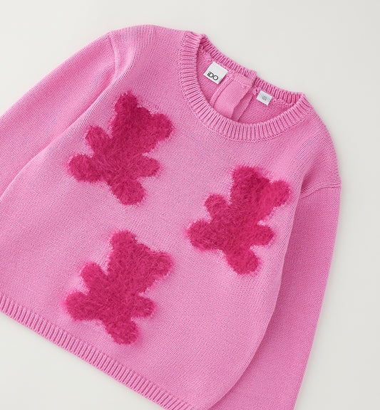 iDO Mädchen Strickpullover Rosa mit drei Teddy-Motiven – Vorderansicht