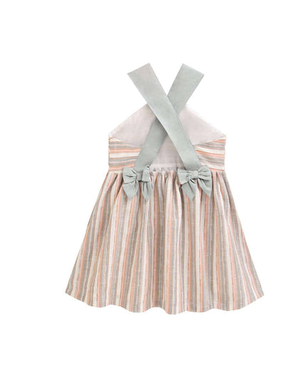 Mädchenkleid gestreift in Grün und Rosa mit Trägern und Schleifen