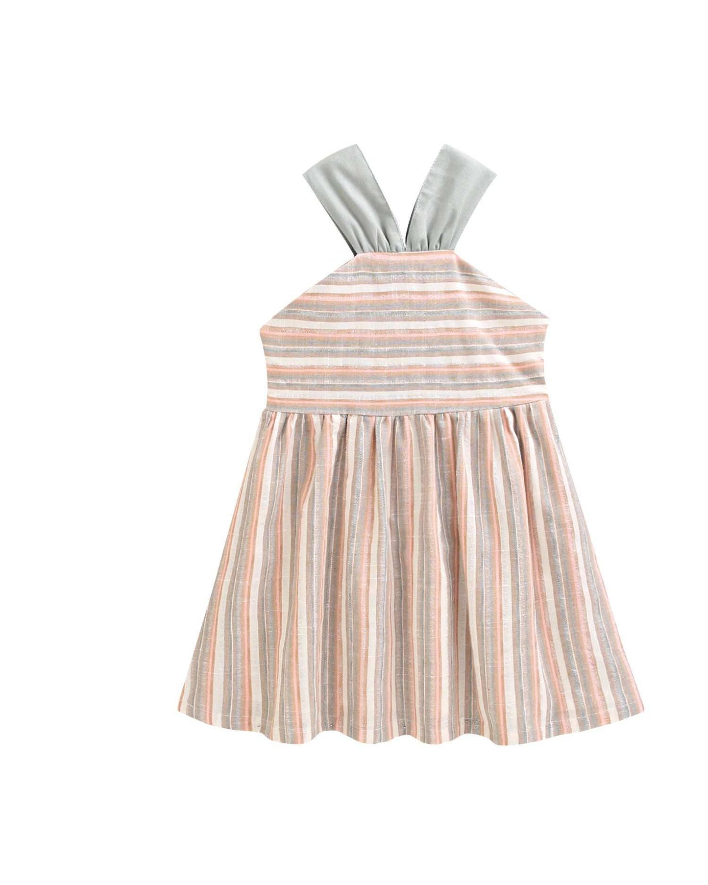 Mädchenkleid gestreift in Grün und Rosa mit Trägern und Schleifen