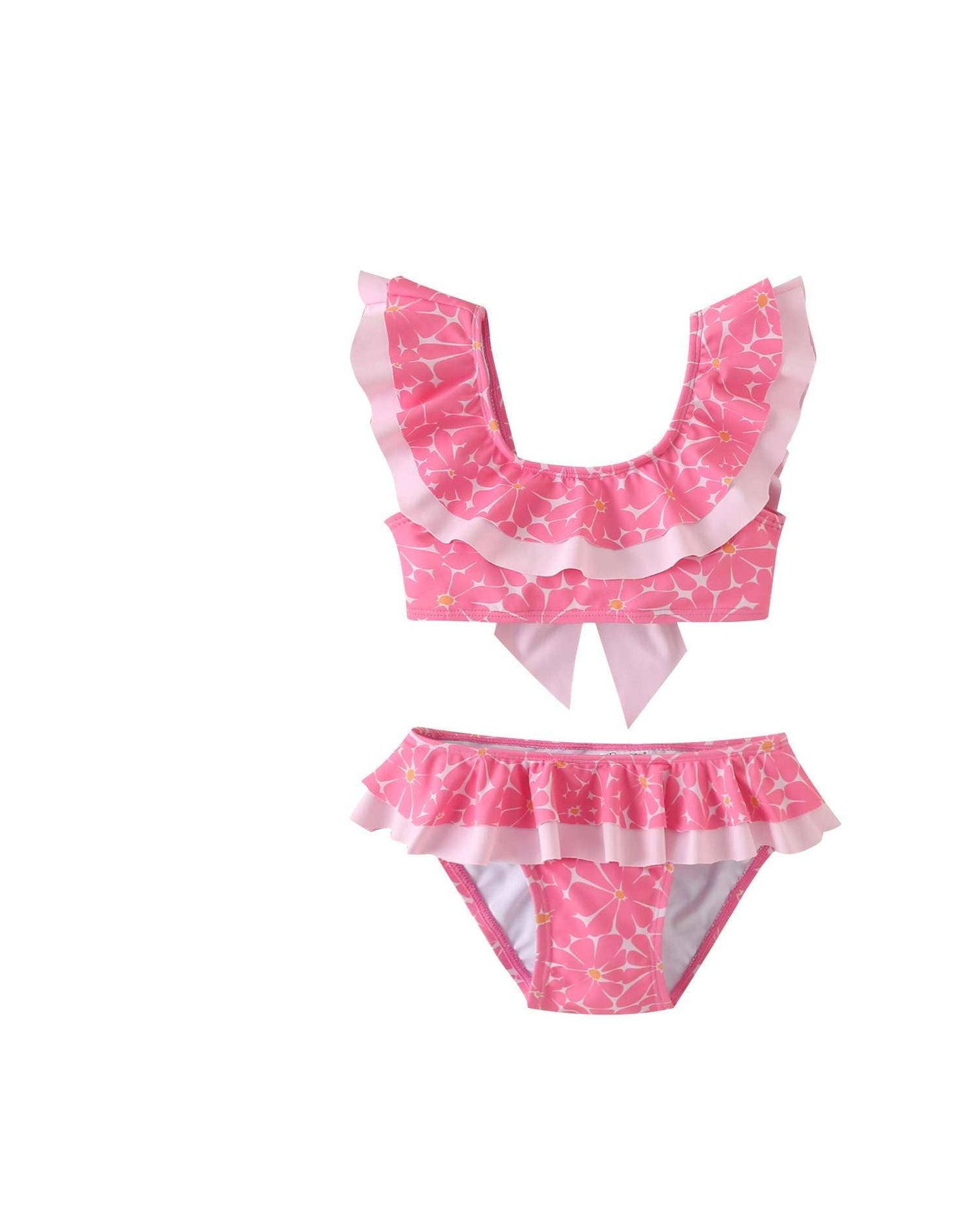 Mädchen-Bikini Rosa mit rundem Ausschnitt und Rüschen mit Schleife
