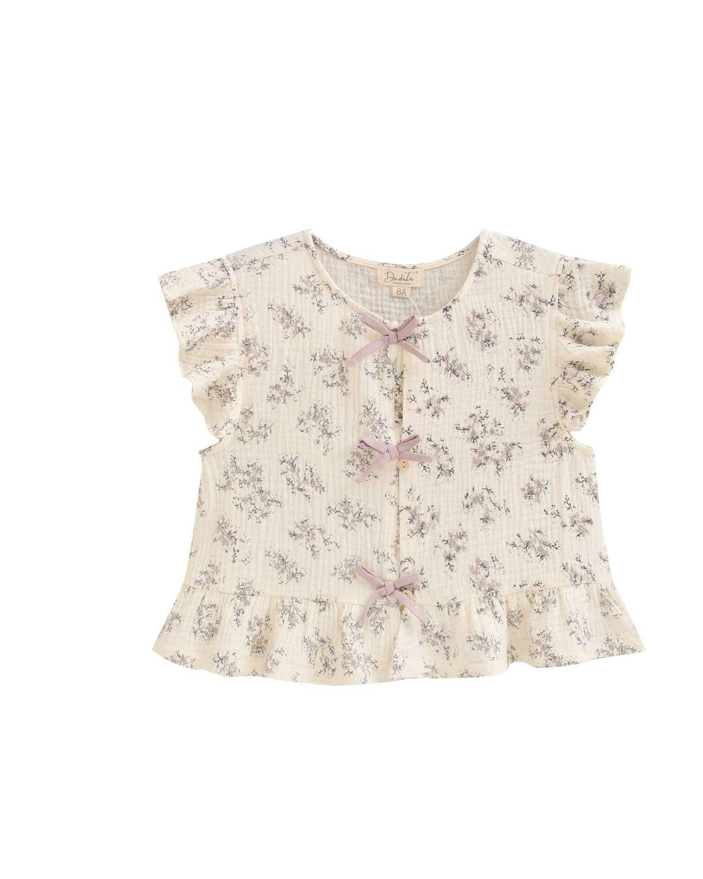 Mädchenbluse mit Blumen und Schleifen, malvenfarben, Rundhalsausschnitt und Rüschen