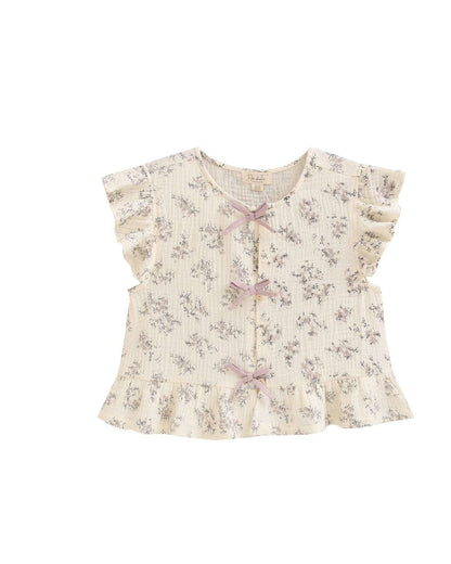 Mädchenbluse mit Blumen und Schleifen, malvenfarben, Rundhalsausschnitt und Rüschen