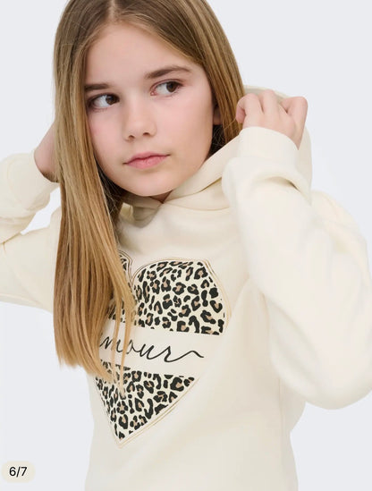 ONLY Mädchen Hoodie Creme mit Leoparden-Herz