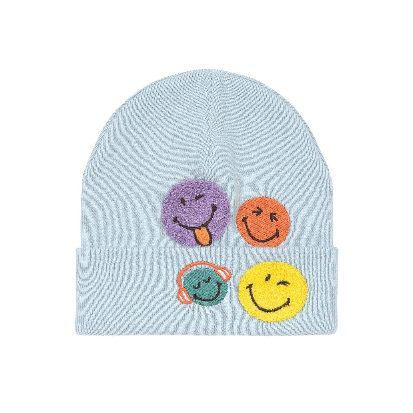 LÄSSIG Beanie Mütze hellblau mit Smileys