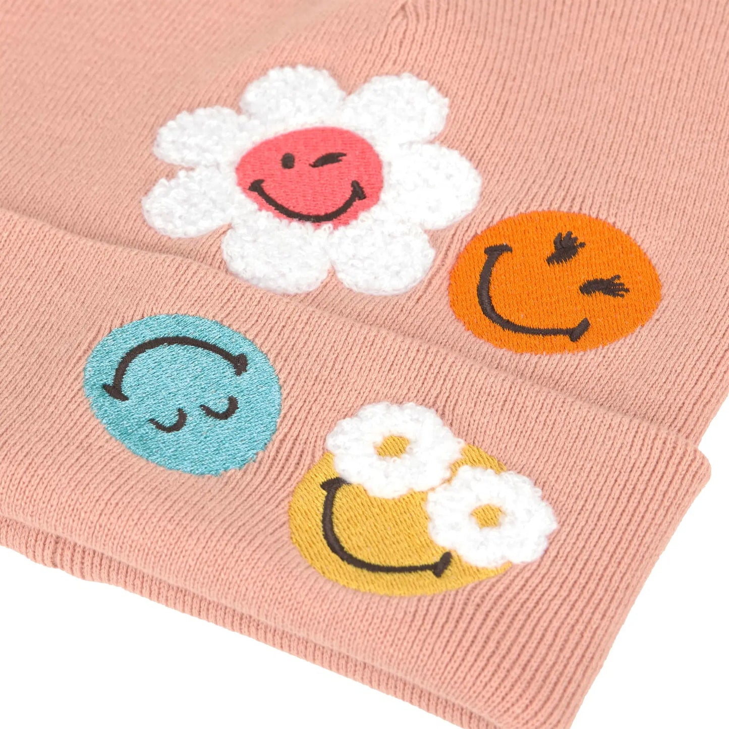 LÄSSIG Beanie Mütze Rosa mit Smileys & Blumen
