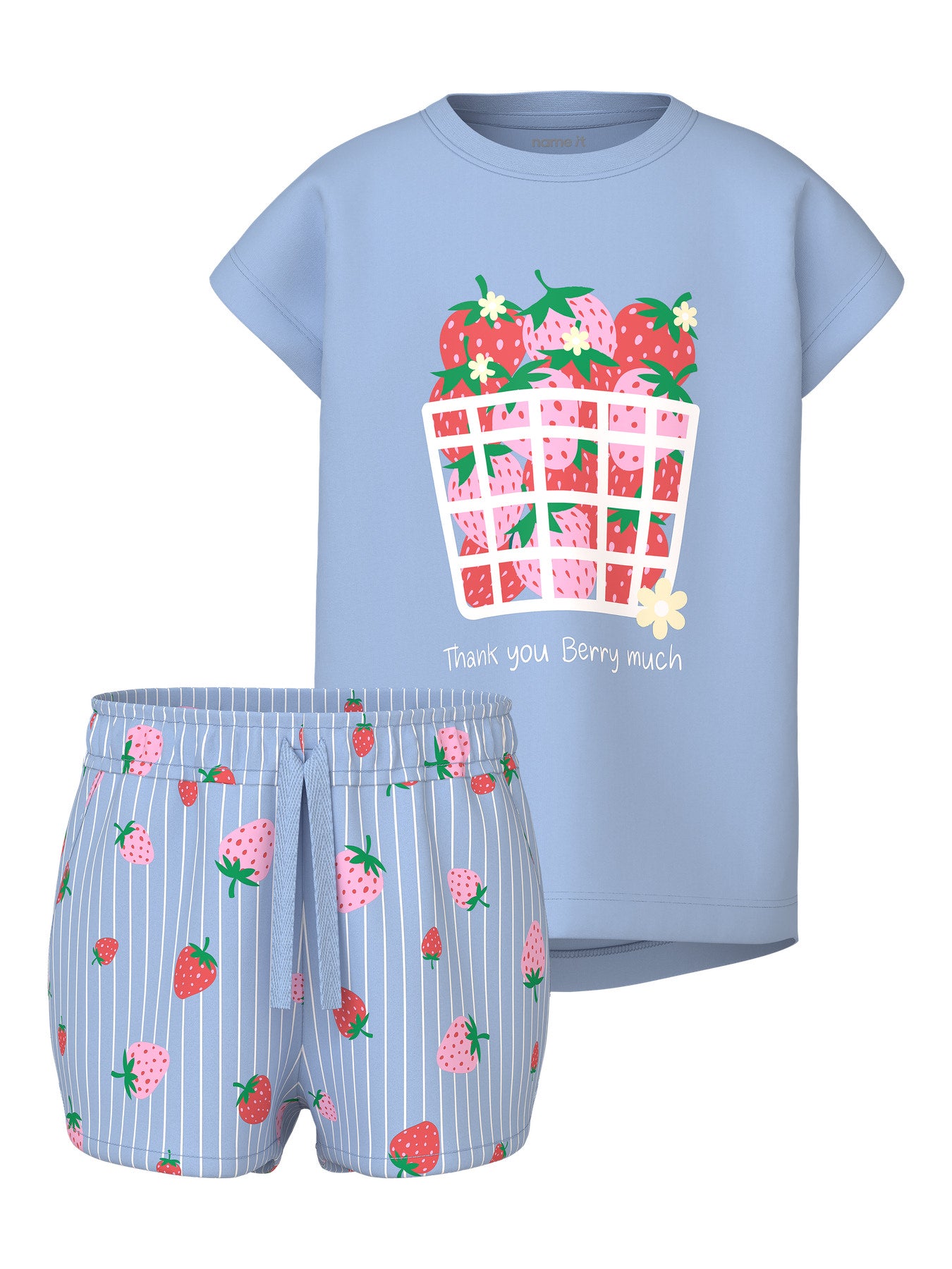 name it Mädchen T-Shirt NMFVIGEA CAPSL TOP SET - Chambray Blue Strawberry Basket Gr. 104-98 - Front