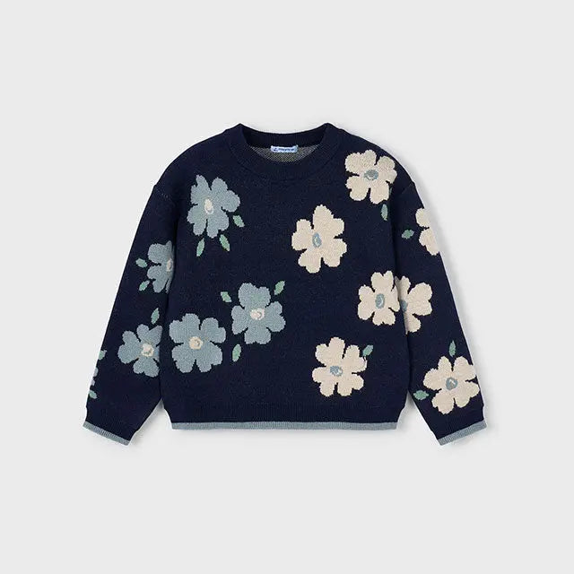 Mayoral Jacquard-Pullover Blau mit Blumenmuster Mokkini Kindermode Pullover