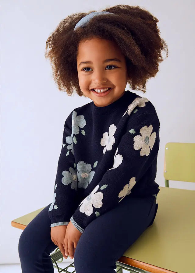 Mayoral Jacquard-Pullover Blau mit Blumenmuster Mokkini Kindermode Pullover