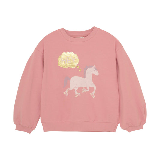 Minymo Sweatshirt mit Einhorn-Print und glitzerndem "HEY"-Text Mokkini Kindermode Gesperrt