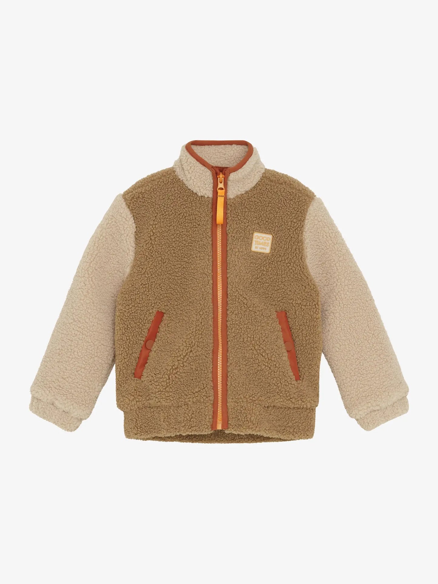Noppies Fleecejacke in Beige/Braun mit orangefarbenen Reißverschluss-Detail Mokkini Kindermode Teddyjacke