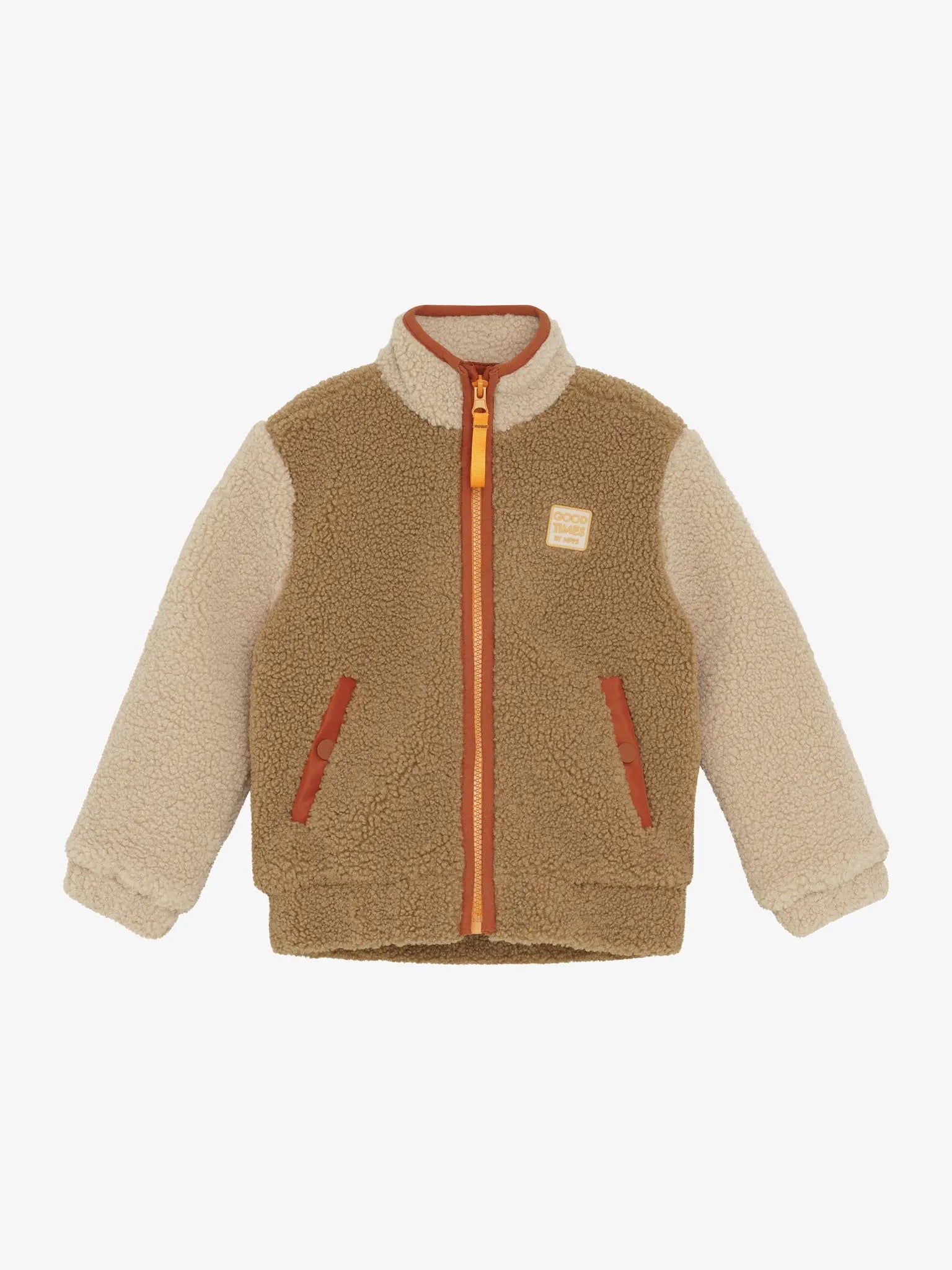 Noppies Fleecejacke in Beige/Braun mit orangefarbenen Reißverschluss-Detail Mokkini Kindermode Teddyjacke