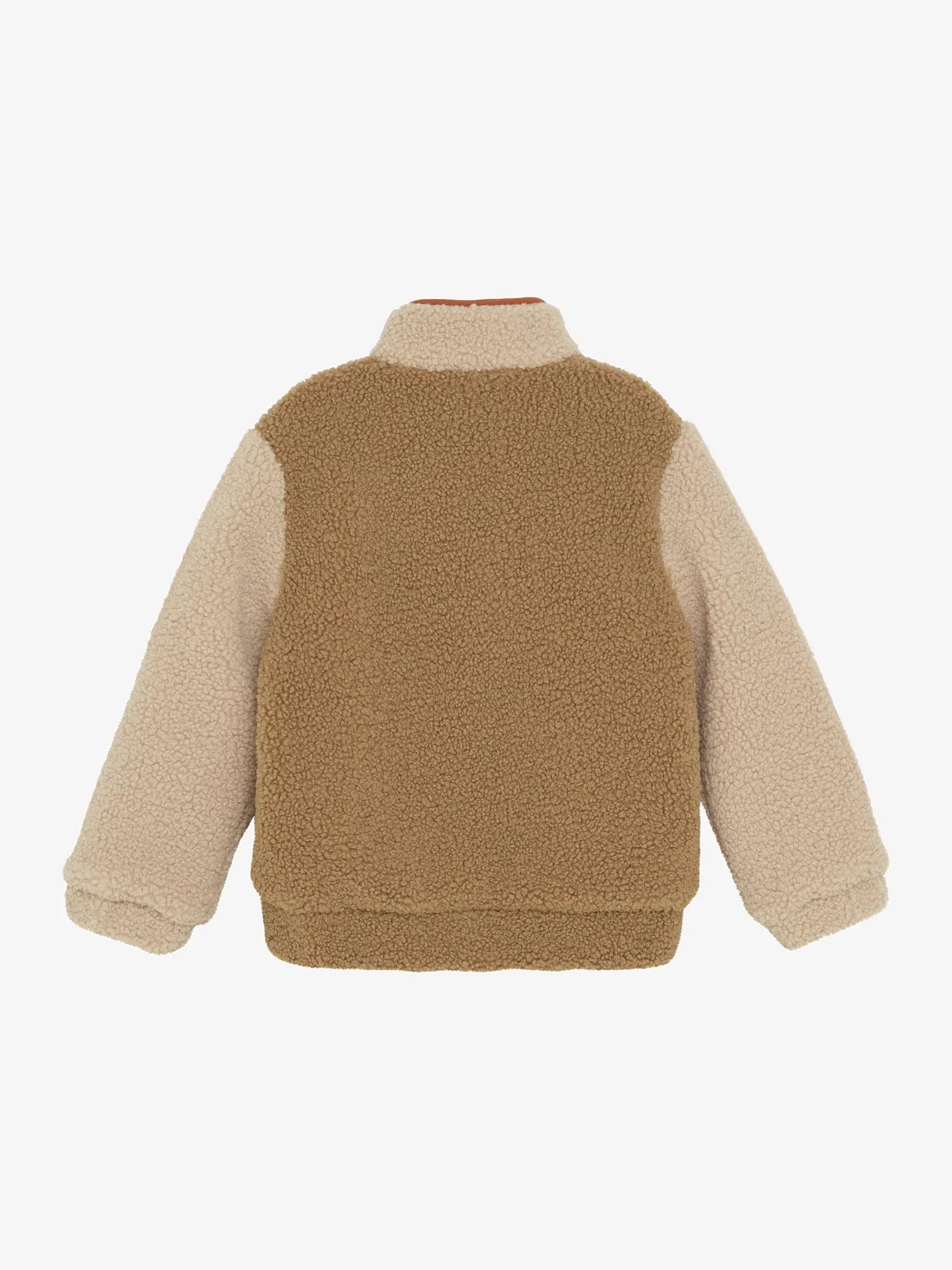 Noppies Fleecejacke in Beige/Braun mit orangefarbenen Reißverschluss-Detail Mokkini Kindermode Teddyjacke