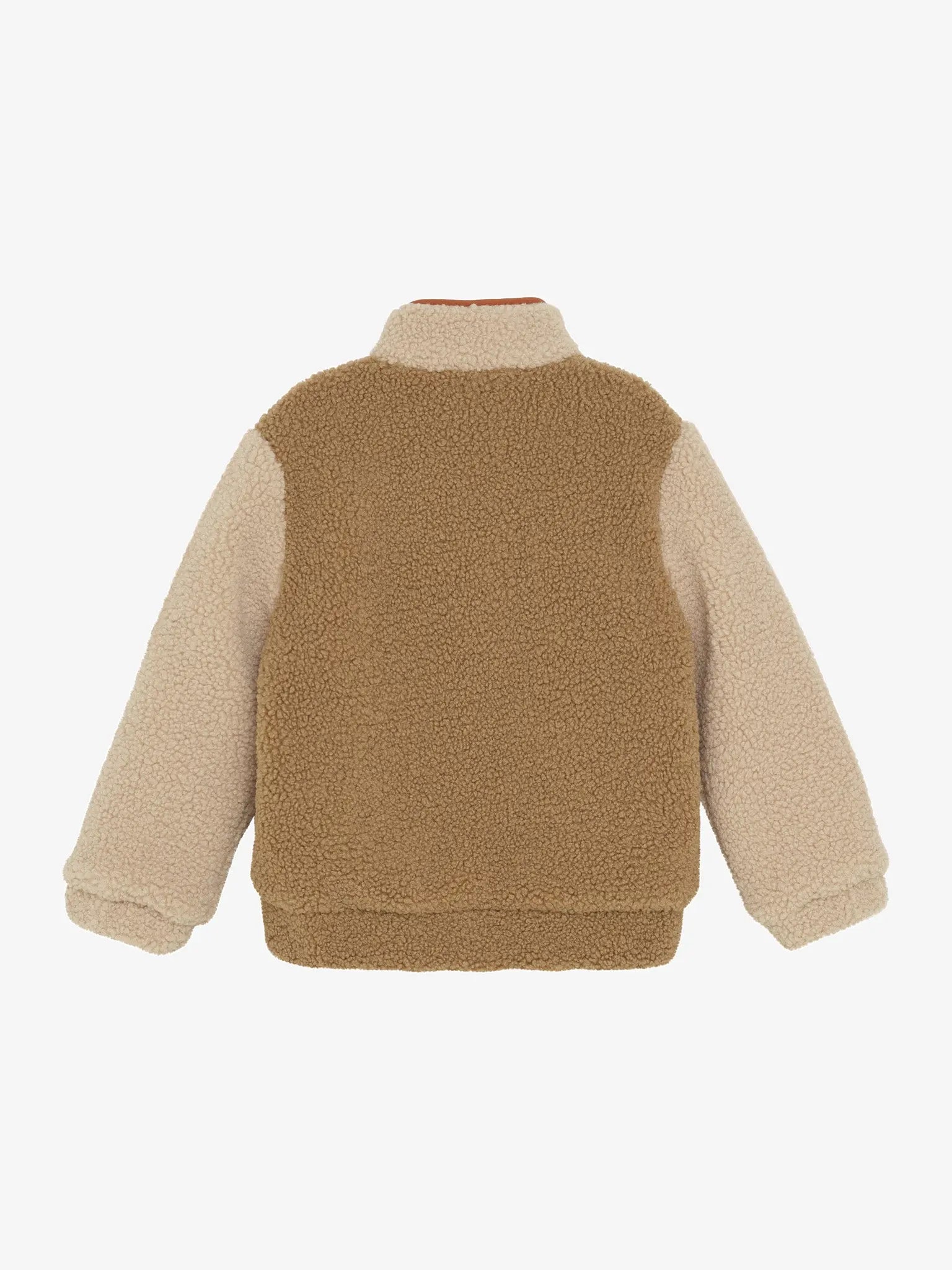 Noppies Fleecejacke in Beige/Braun mit orangefarbenen Reißverschluss-Detail Mokkini Kindermode Teddyjacke
