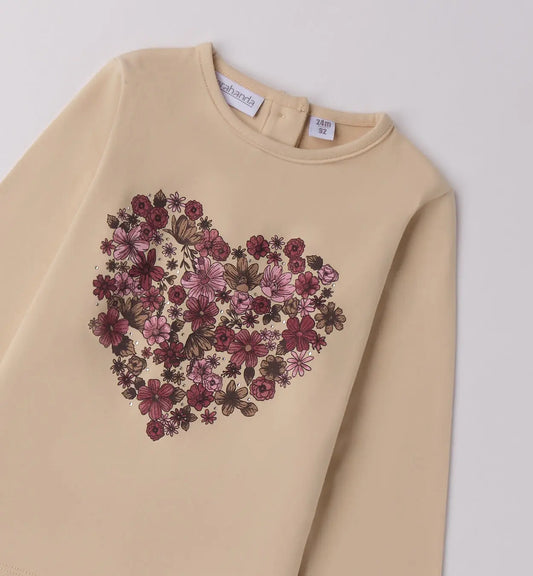 Sarabanda Langarmshirt mit Herzmotiv Blumenoptik beige Mokkini Kindermode Sarabanda