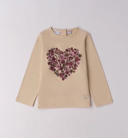 Sarabanda Langarmshirt mit Herzmotiv Blumenoptik beige Mokkini Kindermode Sarabanda