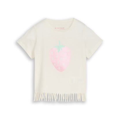Tom Tailor Mädchen T-Shirt Creme Erdbeermotiv Fransen