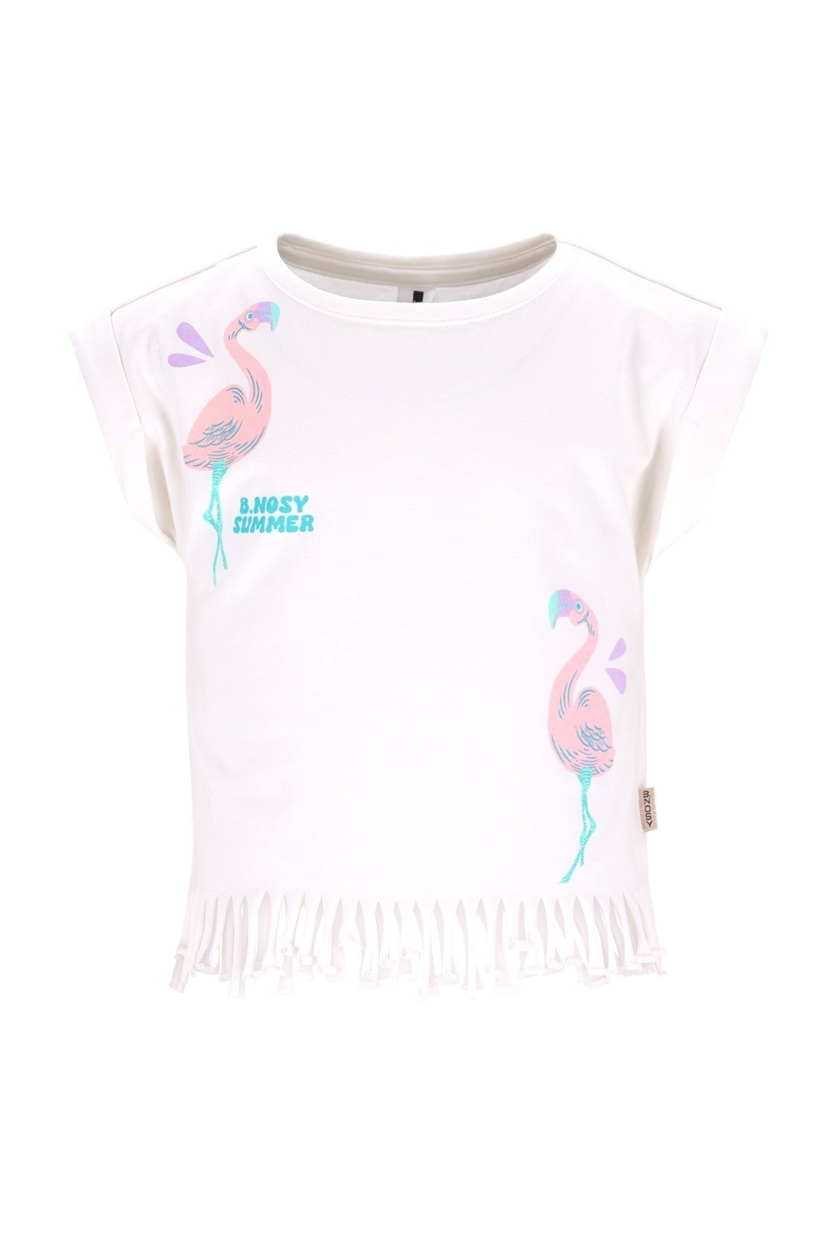 B.Nosy Mädchen T-Shirt Weiß – Flamingo Print & Fransen