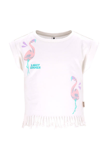 B.Nosy Mädchen T-Shirt Weiß – Flamingo Print & Fransen