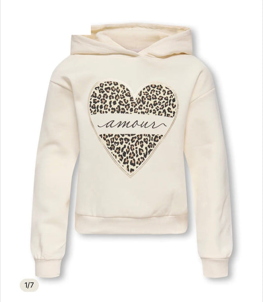 ONLY Mädchen Hoodie Creme mit Leoparden-Herz