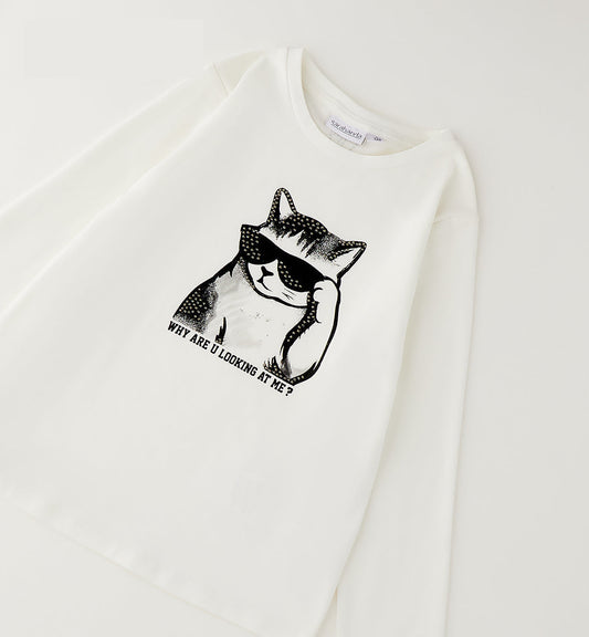 Sarabanda Mädchen Langarmshirt Off White mit Katzen-Print