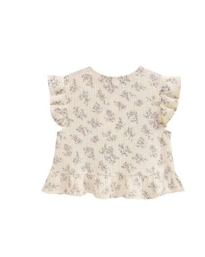 Mädchenbluse mit Blumen und Schleifen, malvenfarben, Rundhalsausschnitt und Rüschen