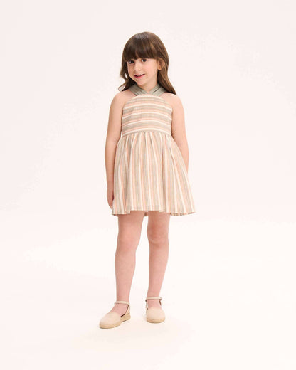 Mädchenkleid gestreift in Grün und Rosa mit Trägern und Schleifen